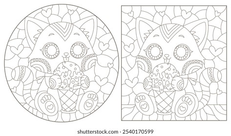 A set of contour illustrations in the style of stained glass with cute kittens, dark outlines on a white background