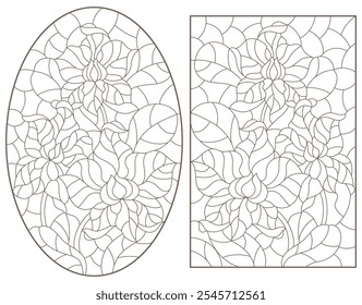 A set of contour illustrations in the style of stained glass with orchid flowers , dark contours on a white background