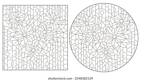 A set of contour illustrations in the style of stained glass with abstract colors , dark contours on a white background