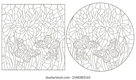 Um conjunto de ilustrações de contorno no estilo de vitrais com flores de íris e borboletas, contornos escuros em um fundo branco