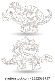 A set of contour illustrations in the style of stained glass with cute dinosaurs, dark contours on a white background