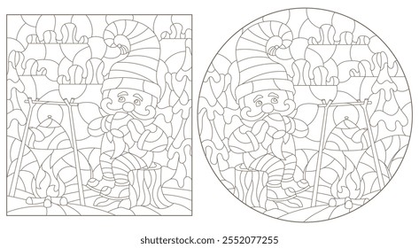 A set of contour illustrations in the style of stained glass with cartoon gnomes, dark outlines on a white background