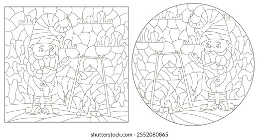 A set of contour illustrations in the style of stained glass with cartoon gnomes, dark outlines on a white background