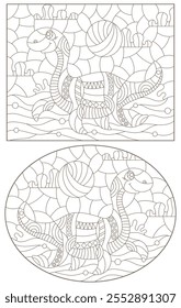 A set of contour illustrations in the style of stained glass with cute dinosaurs, dark contours on a white background