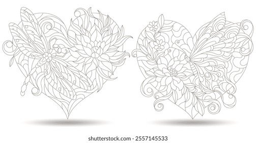 A set of contour illustrations in the style of stained glass with butterflies, dragonflies and flowers on hearts, dark outlines on a white background