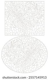 A set of contour illustrations in the style of stained glass with dragonflies and flowers on hearts, dark outlines on a white background