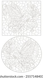 A set of contour illustrations in the style of stained glass with butterflies and flowers on hearts, dark outlines on a white background