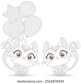 A set of contour illustrations in the style of stained glass with cute cartoon kittens, dark outlines on a white background