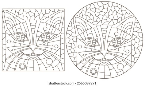 A set of contour illustrations in the style of stained glass with portraits of cats, dark outlines on a white background