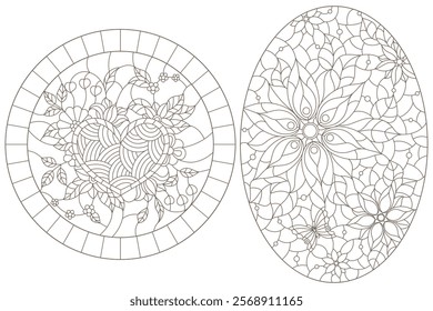 A set of contour illustrations in the style of stained glass with flower arrangements, dark contours on a white background