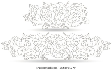 A set of contour illustrations in the style of stained glass with bouquets of carnations, dark outlines on a white background