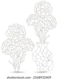 A set of contour illustrations in the style of stained glass with bouquets of carnations, dark outlines on a white background