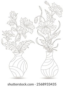 Set of contour illustrations in the style of stained glass with floral still lifes, dark outlines on a white background