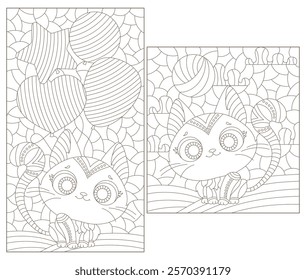 A set of contour illustrations in the style of stained glass with cute cartoon kittens, dark outlines on a white background