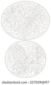 A set of contour illustrations in the style of stained glass with butterflies, dragonflies and flowers on hearts, dark outlines on a white background