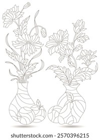 Set of contour illustrations in the style of stained glass with floral still lifes, dark outlines on a white background