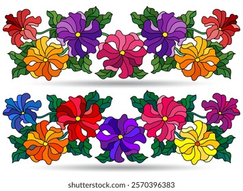 A set of contour illustrations in the style of stained glass with compositions of petunia flowers, flowers isolated on a white background