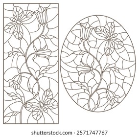A set of contour illustrations in the style of stained glass with flowers bells and a butterfly, oval and rectangular image in the frame, dark contours on a white background
