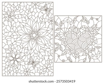 A set of contour illustrations in the style of stained glass with flower arrangements, dark contours on a white background