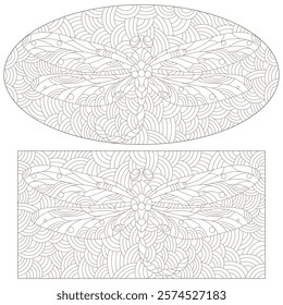 A set of contour illustrations in the style of stained glass with dragonflies and flowers, dark outlines on a white background