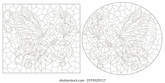 A set of contour illustrations in the style of stained glass with dragonflies, butterflies and flowers, dark outlines on a white background