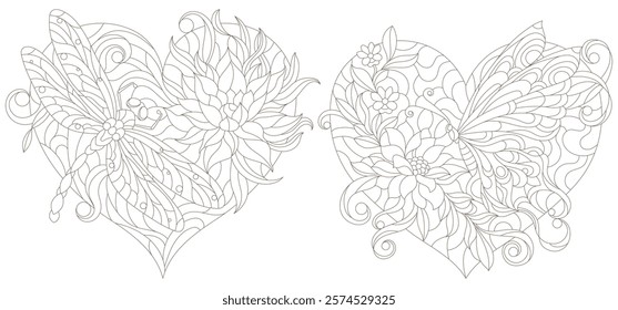 A set of contour illustrations in the style of stained glass with dragonflies, butterflies and flowers, dark outlines on a white background