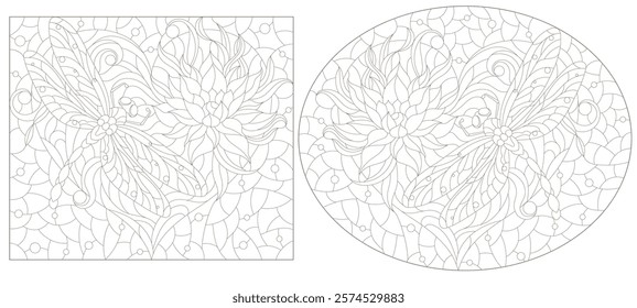 A set of contour illustrations in the style of stained glass with dragonflies, butterflies and flowers, dark outlines on a white background