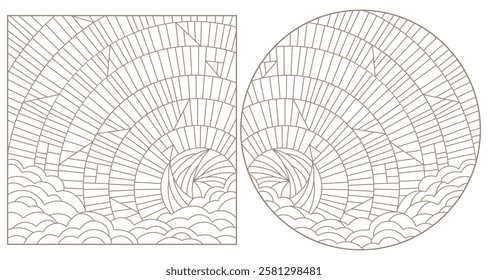 A set of contour illustrations in the style of a stained glass window with an abstract sky, dark contours on a white background