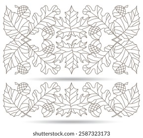 A set of contour illustrations in the style of stained glass with autumn leaves and acorns, dark outlines on a white background