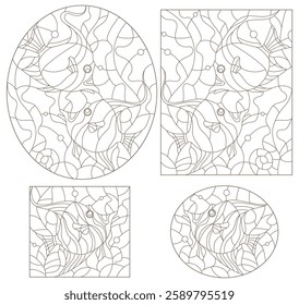 A set of contour illustrations in the style of a stained glass window with fish, dark contours on a white background