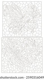 A set of contour illustrations in the style of stained glass with butterflies, dragonflies and flowers on hearts, dark outlines on a white background