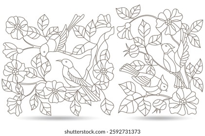 A set of contour illustrations in the style of a stained glass window with birds on rosehip branches, isolated on a white background