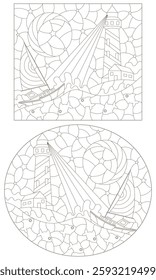 A set of contour illustrations in the style of a stained glass window with a seascape, a lighthouse and a boat, outlines on a white background