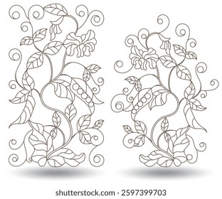 A set of contour illustrations in the style of stained glass with intertwined trunks, leaves and flowers of green peas