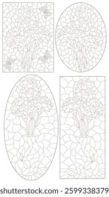A set of contour illustrations in the style of stained glass with bouquets of carnations, dark outlines on a white background