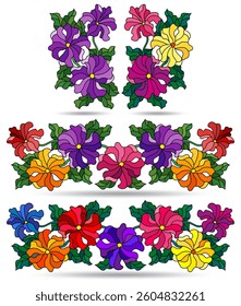 A set of contour illustrations in the style of stained glass with compositions of petunia flowers, flowers isolated on a white background