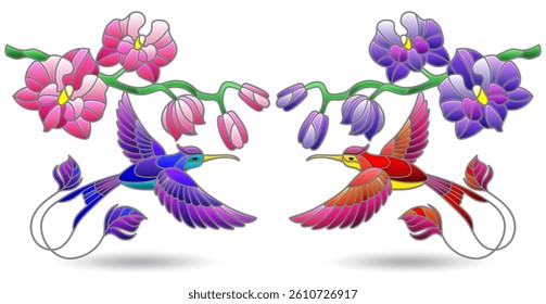 A set of contour illustrations in the style of stained glass with hummingbird birds and orchid flowers, animals isolated on a white background