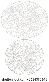 A set of contour illustrations in the style of stained glass with dragonflies, butterflies and flowers, dark outlines on a white background