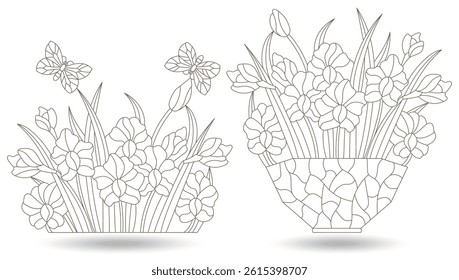A set of contour illustrations in the style of stained glass with bouquets of orchids and butterflies , dark outlines on a white background