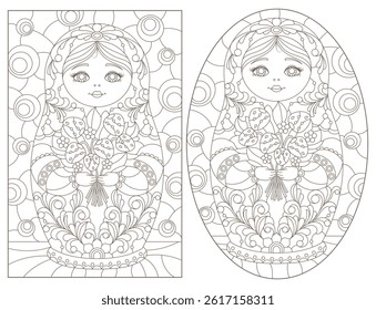 A set of contour illustrations in the style of stained glass with Russian dolls, dark contours on a white background