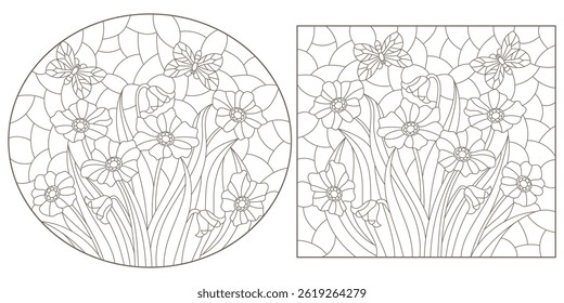 A set of contour illustrations in the style of stained glass with bouquets of flowers and butterflies , dark outlines on a white background