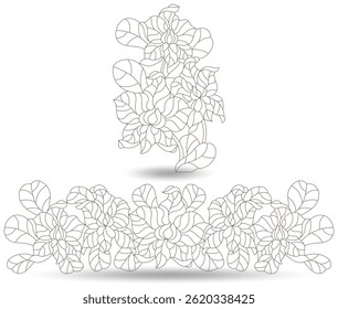 A set of contour illustrations in the style of stained glass with orchid flowers , dark contours on a white background