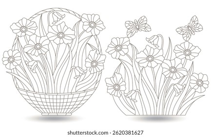 A set of contour illustrations in the style of stained glass with bouquets of flowers and butterflies , dark outlines on a white background