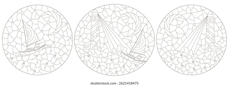 A set of contour illustrations in the style of a stained glass window with a seascape, a lighthouse and a boat, outlines on a white background