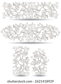 A set of contour illustrations in the style of stained glass with intertwined trunks, leaves and flowers of green peas