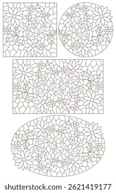 A set of contour illustrations in the style of stained glass with floral arrangements, isolated on a white background