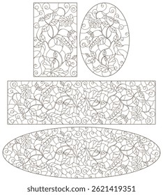 A set of contour illustrations in the style of stained glass with intertwined trunks, leaves and flowers of green peas