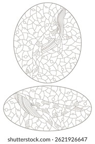 A set of contour illustrations in the style of stained glass with abstract whales, dark contours on a white background