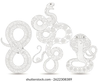 Um conjunto de ilustrações de contorno no estilo de vitrais com cobras abstratas, contornos escuros em um fundo branco