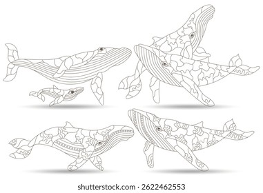 A set of contour illustrations in the style of stained glass with abstract whales, dark contours on a white background